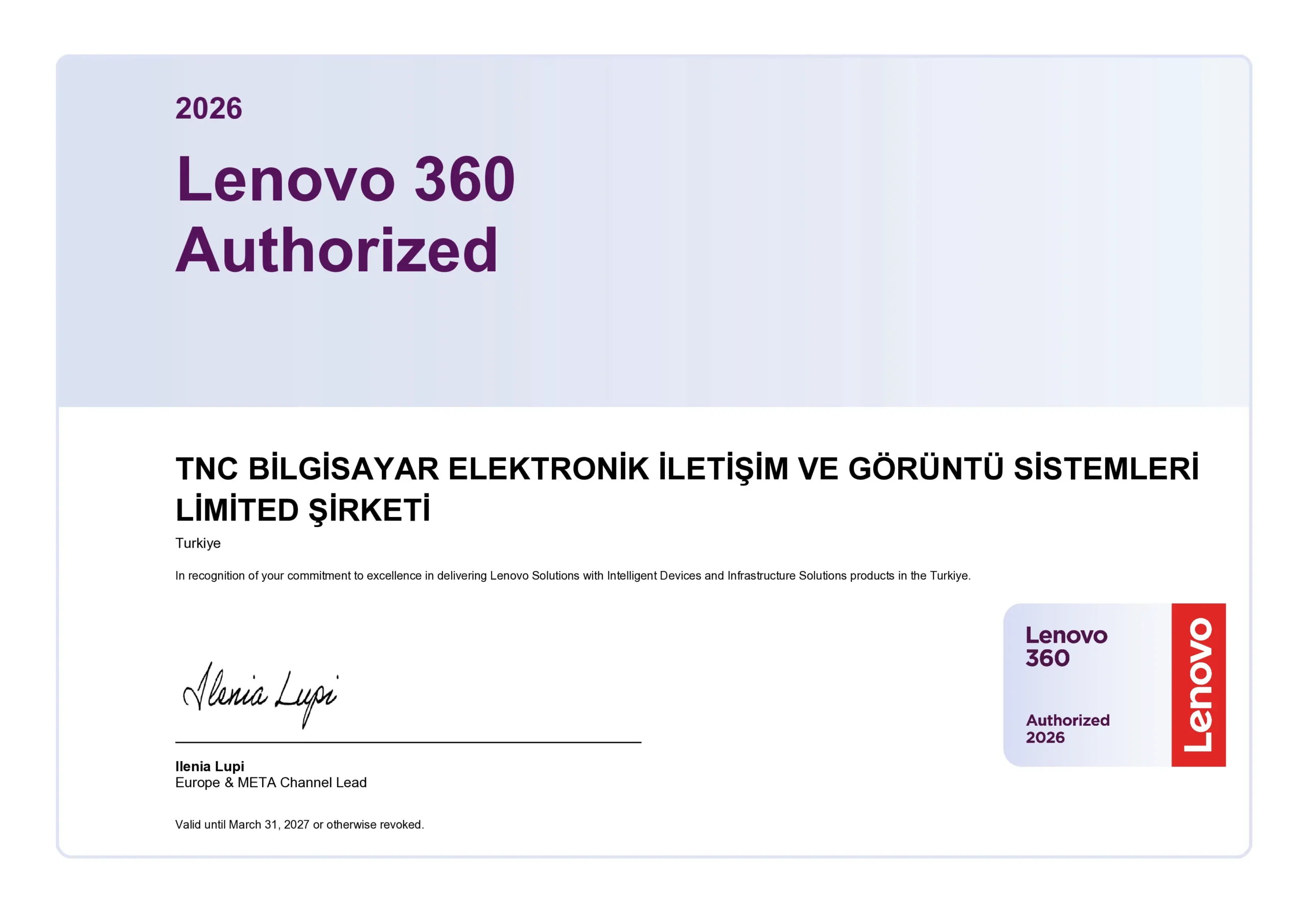 TNC Bilgisayar Lenovo 360 Intelligent Devices Business sertifikası